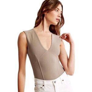 Abercrombie & Fitch Crepe Plunge V-Neck Bodysuit Taupe Tan Sleeveless Size XL